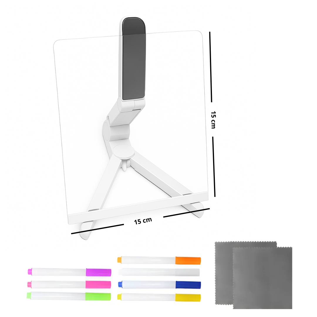 Pizarra acrílica con luz LED con lápices efecto neon.