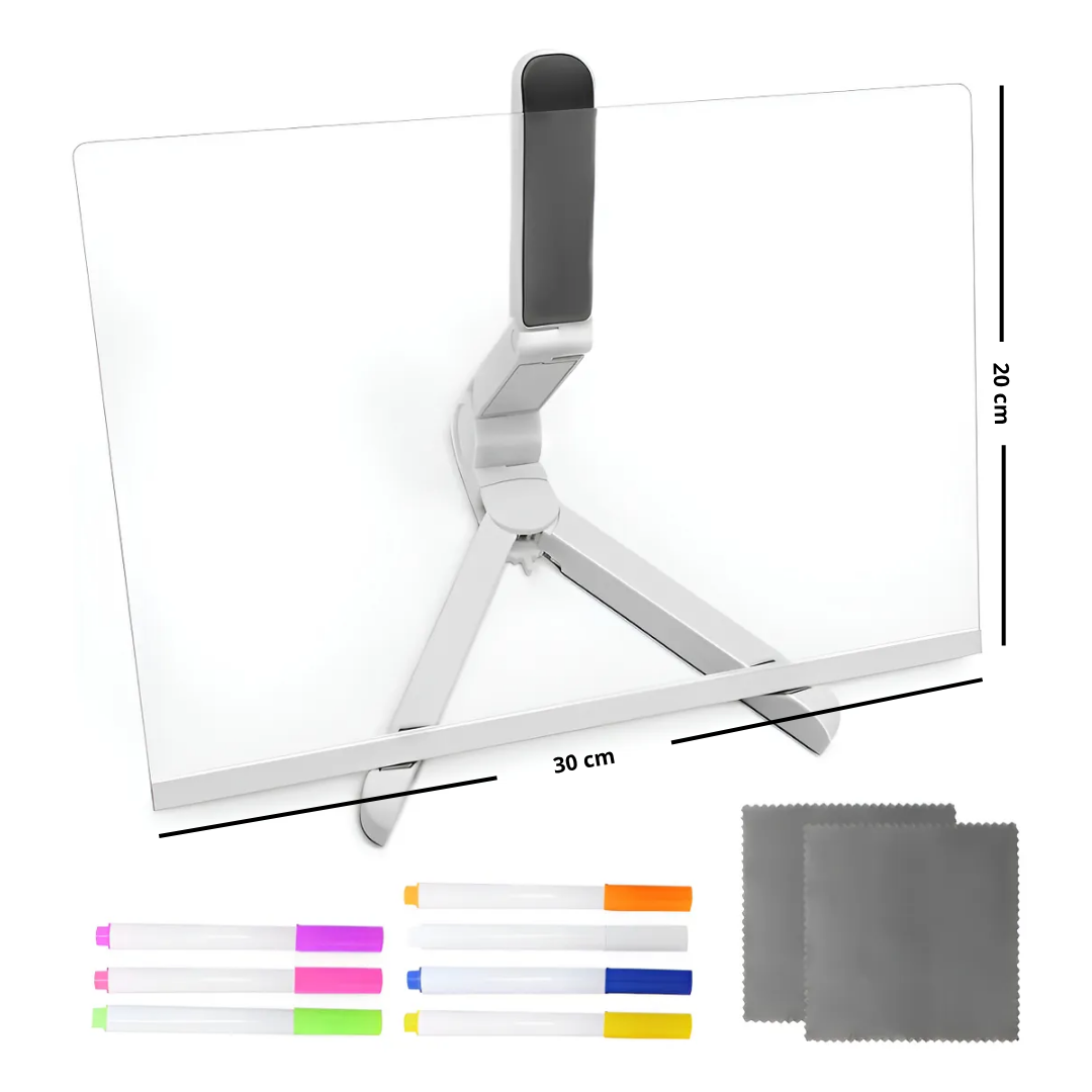 Pizarra acrílica con luz LED con lápices efecto neon.