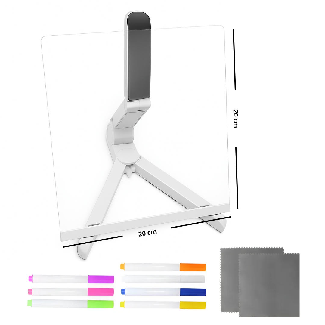 Pizarra acrílica con luz LED con lápices efecto neon.